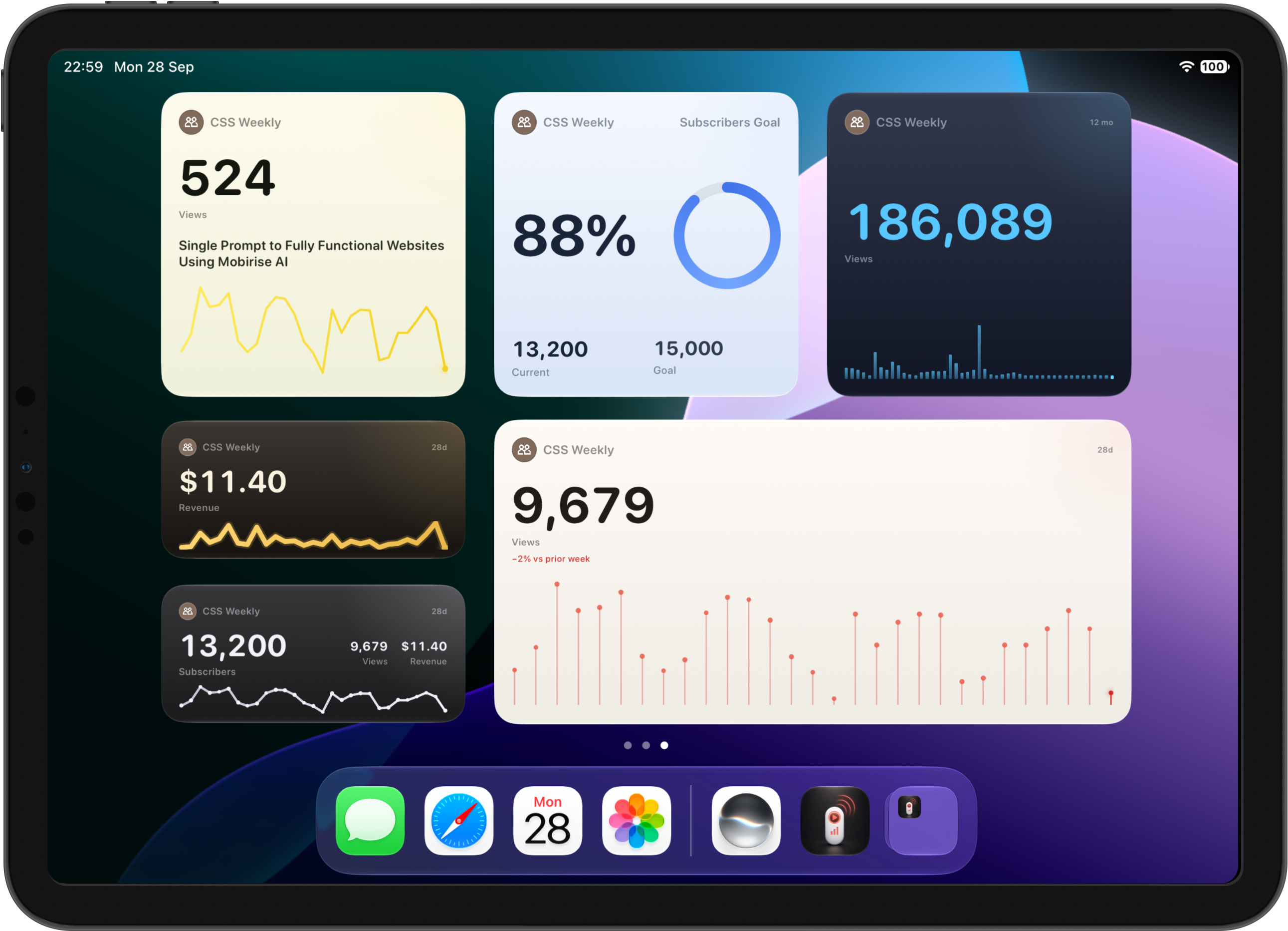 Creator Beacon widgets on an iPad Home Screen — views chart, subscribers, revenue, and a goal