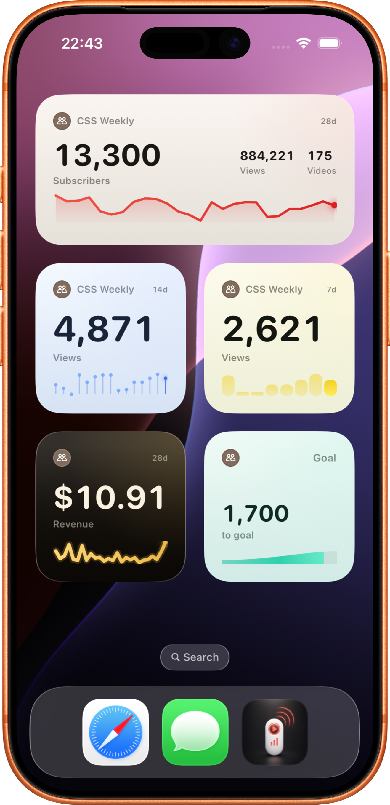 Creator Beacon widgets on an iPhone Home Screen — subscribers, views, and a goal