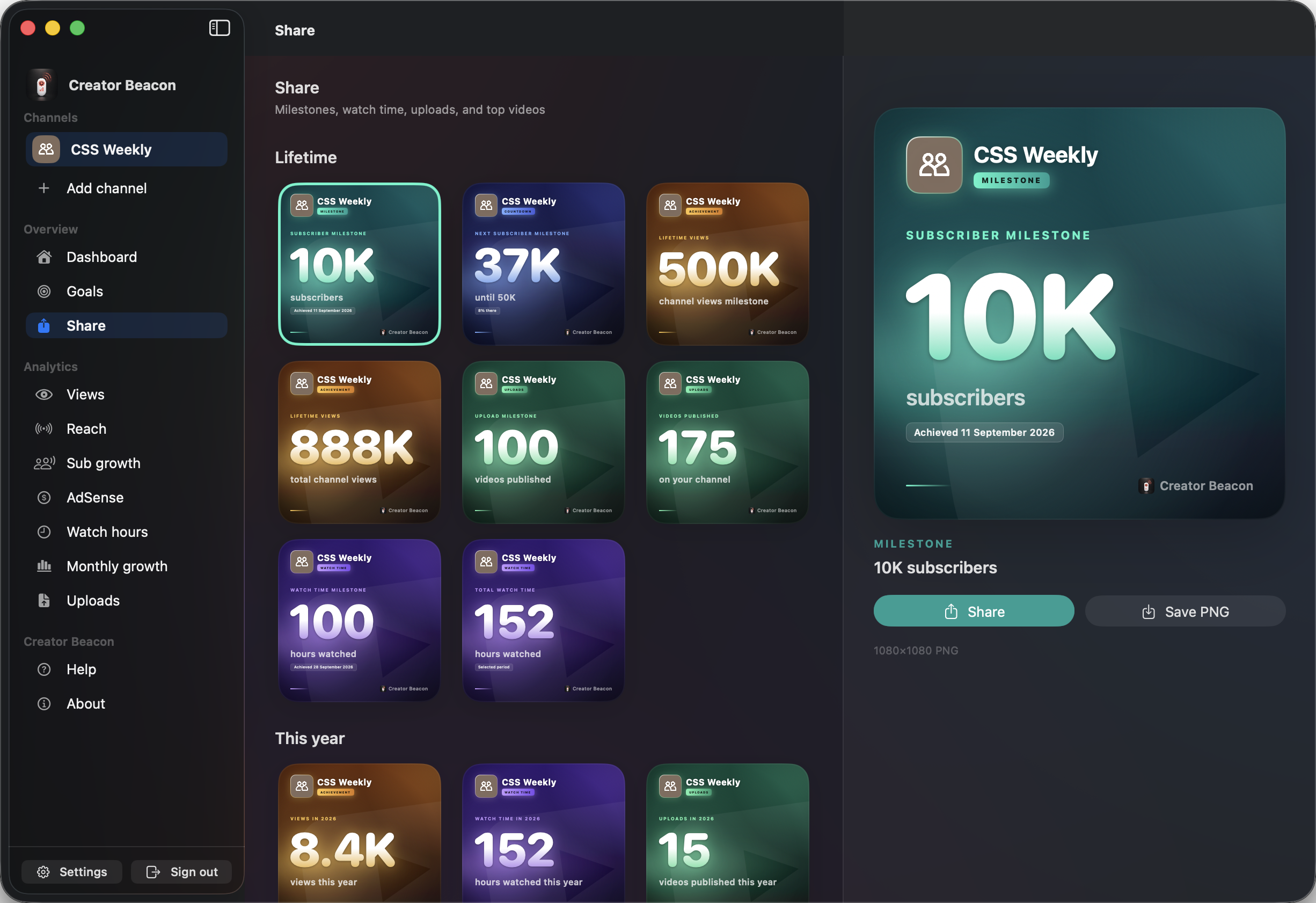 Creator Beacon Share on Mac, with a 10K subscriber milestone card